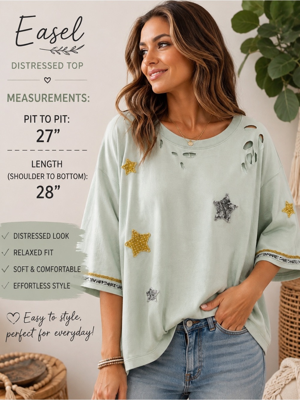 easel Sage Green Distressed Star Appliqué Relaxed Sweatshirt